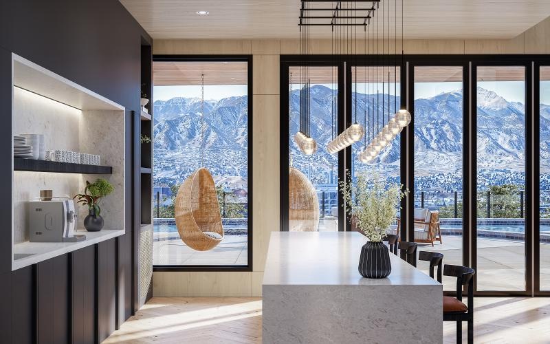 a clubhouse coffee room with a table and chairs