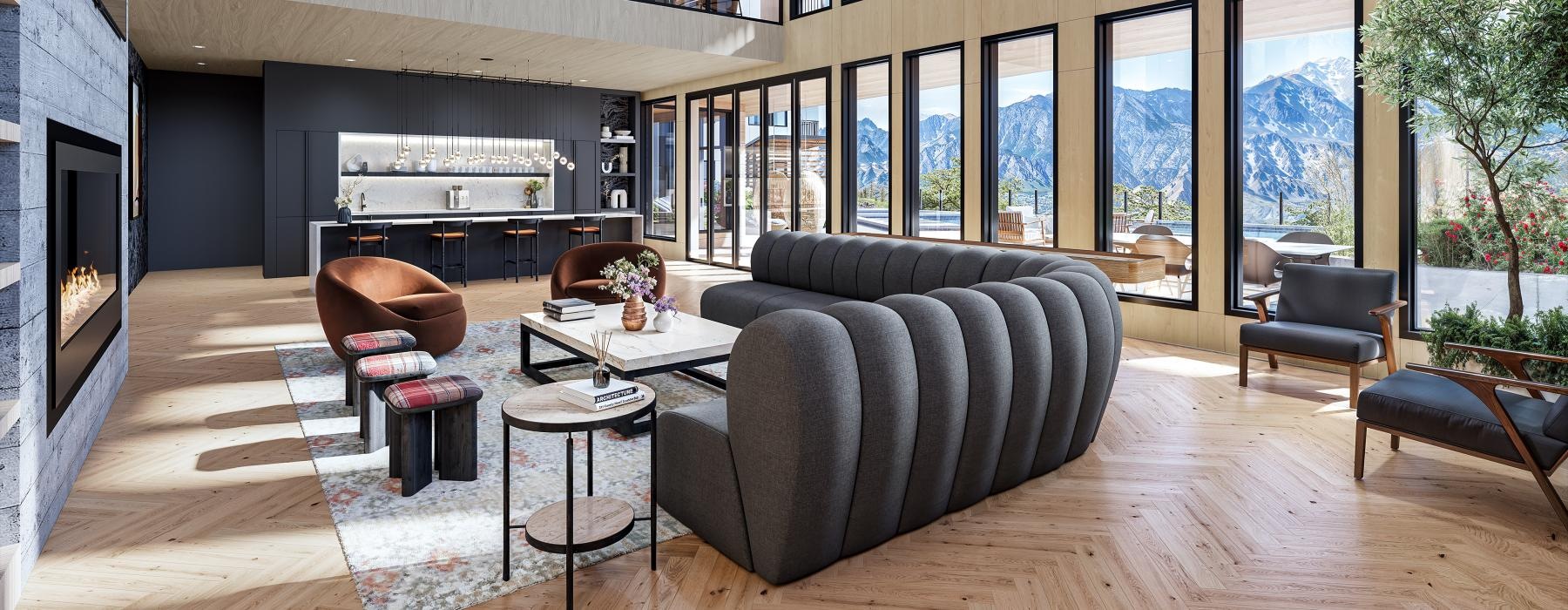 a room with a large window and a table with chairs and a couch